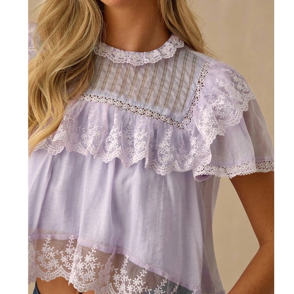 Boho Lace Ruffled Butterfly Sleeve Loose Fit Short Sleeve Blouse - Picture 1 of 5